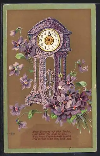 AK Uhr aus Veilchen mit Gedicht