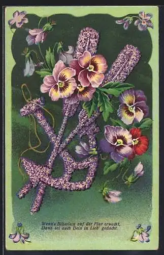Lithographie Violetter Blumen-Anker und farbenfrohe Blüten
