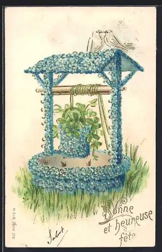 Lithographie Hoch Franziska, Blütenbrunnen, Vergissmeinnicht und Klee