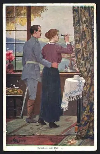 Künstler-AK Soldat und Frau schauen aus Fenster