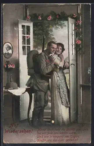 AK Soldat in Uniform verabschiedet sich von seiner Frau