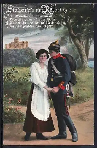 AK Stolzenfels am Rhein, Soldat in Uniform mit Frau und Gedicht