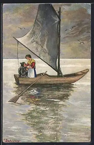 Künstler-AK Soldat in Uniform und Frau zusammen auf einem Boot