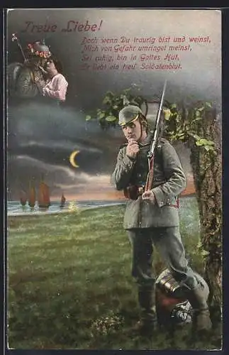 AK Soldat in Uniform denkt an seine Frau, Treue Liebe