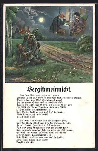 AK Vergissmeinnicht, Kameraden in Vollmondnacht, Soldat denkt an die Heimat
