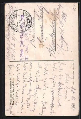 Künstler-AK Soldat in Uniform tanzt mit einer Frau, Wenn man ein Mädchen küsst, das nicht so ängstlich ist...