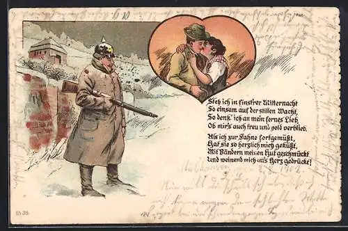 Künstler-AK Soldat in Uniform steht im Schnee und denkt an seine Frau