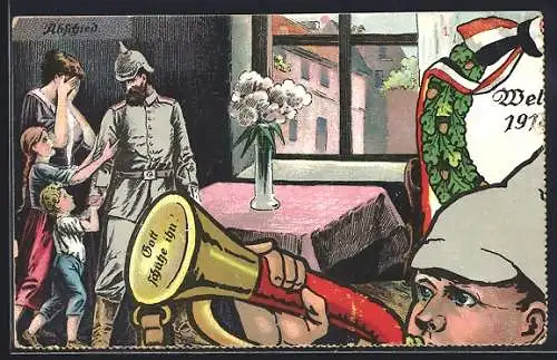 Künstler-AK Soldat in Uniform verabschiedet sich von seiner Familie