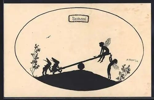 Künstler-AK Elsbeth Forck: Schattenbilder, Elfenspiel, Neckerei, Elfen wippen mit Zwerge