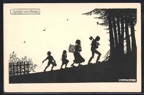 Künstler-AK Elsbeth Forck: Schattenbild, Hänsel und Gretel