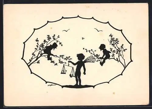 Künstler-AK Elsbeth Forck: Fee mit einer Waage, Zwerge