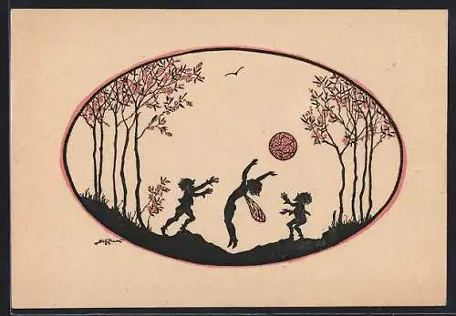 Künstler-AK Elsbeth Forck: Elfe und Zwerge spielen Ball, Schattenbild
