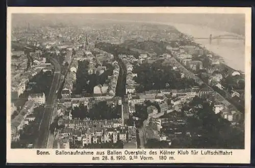 AK Bonn, Ballonaufnahme aus Ballon Overstolz des Kölner Klub für Luftschiffahrt am 28.8.1910 9:18 Uhr Vormittag
