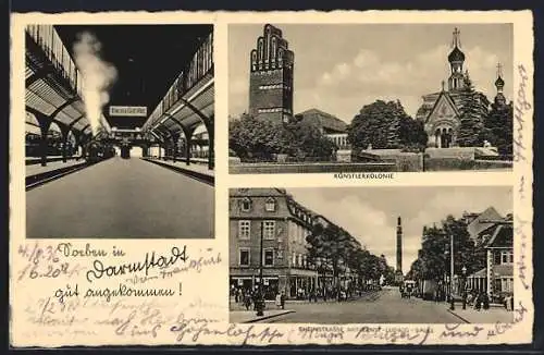 AK Darmstadt, Bahnhof, Rheinstrasse mit Ernst-Ludwig-Säule, Künstlerkolonie