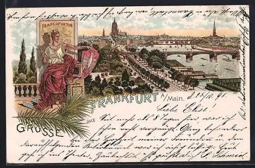 Lithographie Frankfurt a. M., Francofurtia mit Wappenschild, Totalansicht mit Anlagen u. Mainbrücke