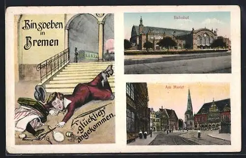 AK Bremen, Blick auf den Bahnhof, Strassenpartie am Markt