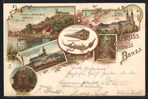 Lithographie Staffelstein / Mainthal, Schloss Banz, Deysinghütte I., Kirche und Pfarrhof