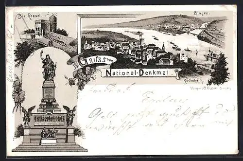 Lithographie Niederwald, National-Denkmal, Die Rossel, Panorama