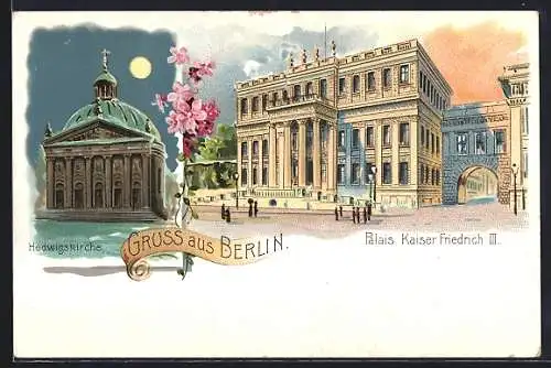 Lithographie Berlin, Hedwigskirche und Palais Kaiser Friedrich III.