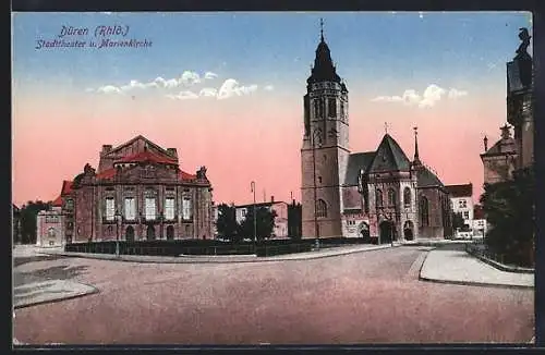 AK Düren /Rhld., Stadttheater und Marienkirche
