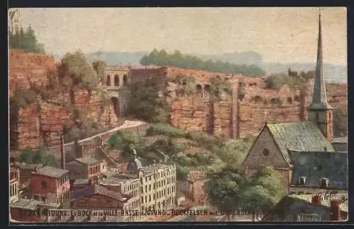 AK Luxembourg, Le Bock et la Ville-Basse du Grund, Bockfelsen mit Unterstadt Grund