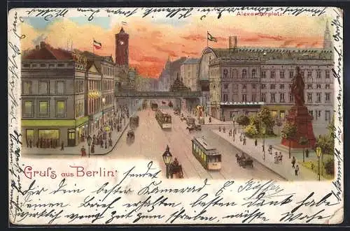 Lithographie Berlin, Alexanderplatz, Strassenbahnverkehr am Germaniadenkmal