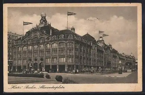 AK Berlin, Alexanderplatz, Hertie Waren-und Kaufhaus G.m.b.H. mit Autos