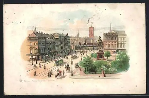 Lithographie Berlin, Alexanderplatz mit der Berolina