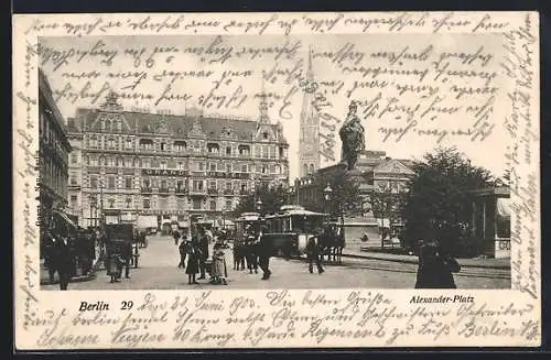 AK Berlin, Alexander-Platz mit Grand Hotel und Strassenbahnen