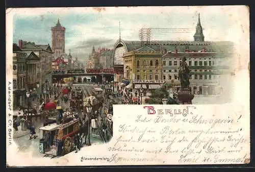 Lithographie Berlin, Alexanderplatz mit Berolina, Eisenbahn, Strassenbahn