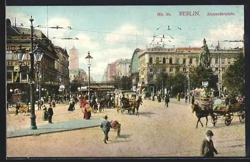 AK Berlin, Strassenbahn auf dem Alexanderplatz, Pferdekutsche