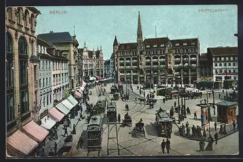 AK Berlin, Spittelmarkt mit Geschäften und Strassenbahn