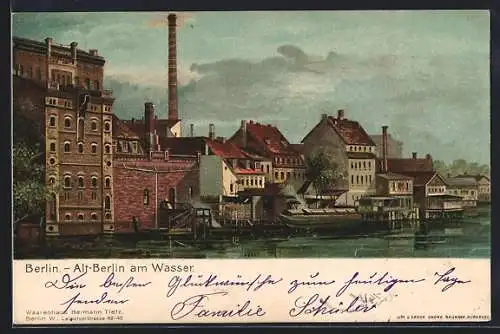 Lithographie Berlin, Partie am Wasser mit Industrie und Schiff