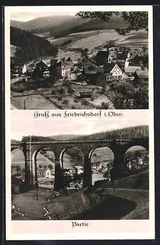 AK Friedrichsdorf i. Odw., Panorama & Partie mit Viadukt