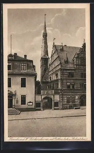 AK Hameln, Strassenpartie am Bäckerscharren mit Rathaus links und Hochzeitshaus rechts