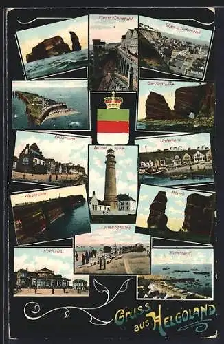 AK Helgoland, Leuchtturm, Aquarium, Unterland, Landungssteg, Kurhaus und electr. Fahrstuhl