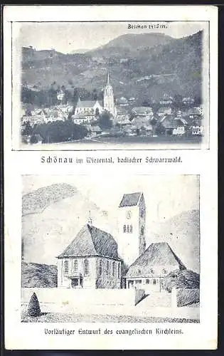 AK Schönau / Schwarzwald, Entwurf des evangelischen Kirchleins, Ortsansicht