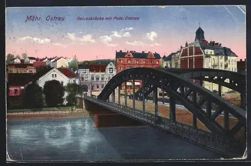 AK Mähr. Ostrau, Reichsbrücke mit Poln. Ostrau