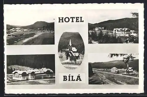 AK Bílá, Hotel Bílá, Kirche, Ortspartie