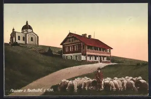 AK Radhost, Kaple, Schäfer mit seiner Herde
