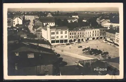 AK Prìbor, Strassenpartie mit Denkmal