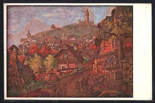 Künstler-AK Stramberk, auf der Strasse durch den Ort an den alten Hütten, Blick hinauf zur Burg