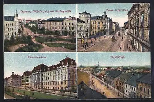 AK Troppau, Wilhelmsplatz mit Landesgericht, Finanzdirektion, Franz Josef-Platz mit Strassenbahn
