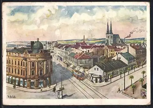 Künstler-AK Mor. Ostrava, Prívoz, Strassenpartie mit Kirche und Strassenbahn