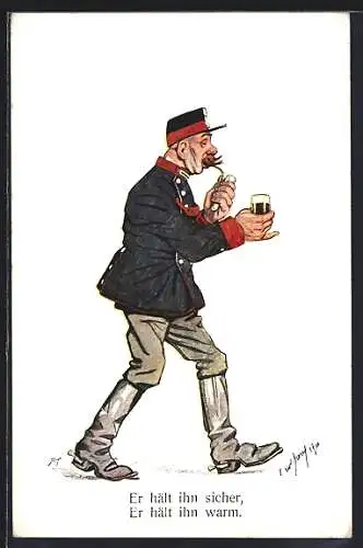 Künstler-AK Carl Josef: Soldat mit einem Glas Bier und Pfeife