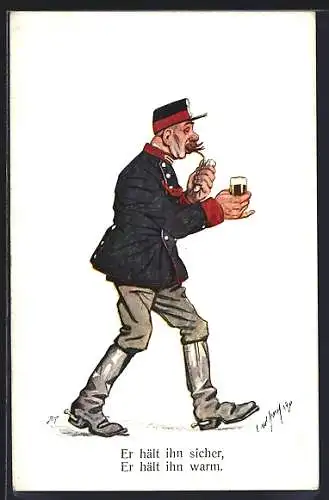 Künstler-AK Carl Josef: Soldat mit einem Glas Bier und Pfeife