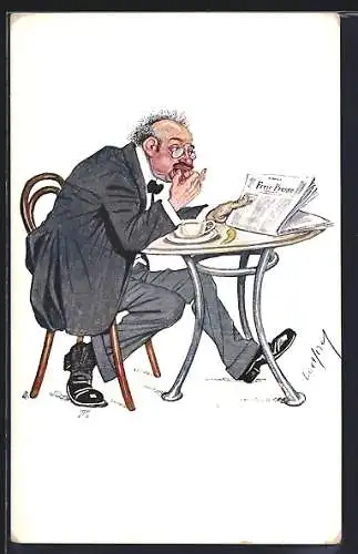 Künstler-AK Carl Josef Pollak: betagter Herr mit Tasse Kaffee und Zeitung