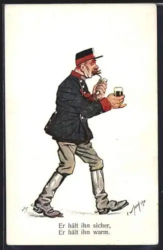 Künstler-AK Carl Josef: Soldat mit einem Glas Bier und Pfeife