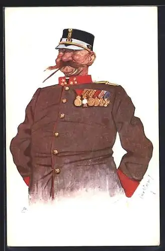 Künstler-AK Carl Josef Pollak: Soldat in Uniform mit Orden und Knollennase