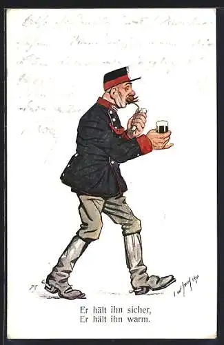 Künstler-AK Carl Josef: Soldat mit einem Glas Bier und Pfeife